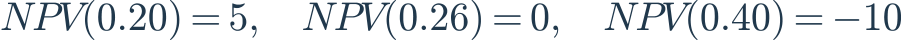 NPV(0.20)=5,\quad NPV(0.26)=0,\quad NPV(0.40)=-10