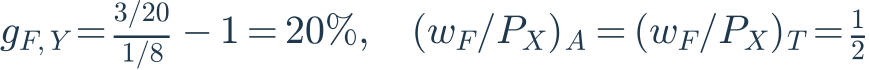 g_{F,Y}=\frac{3/20}{1/8}-1=20\%,\quad (w_F/P_X)_A=(w_F/P_X)_T=\frac{1}{2}