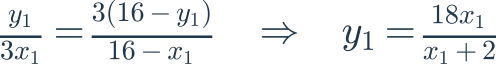 \frac{y_1}{3x_1}=\frac{3(16-y_1)}{16-x_1}\quad\Rightarrow\quad y_1=\frac{18x_1}{x_1+2}
